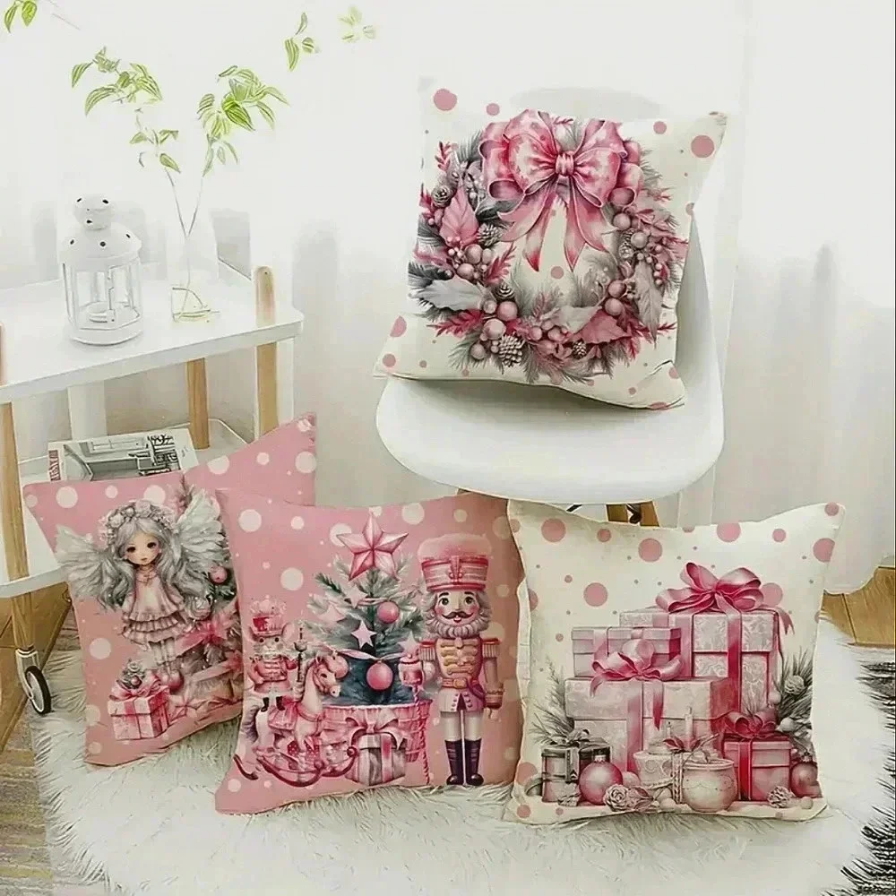 Holiday Christmas Pink Angel Boho Retro Pillow Covers Set 4 New